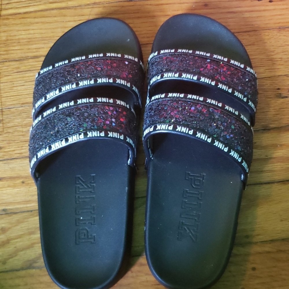 PINK BLACK GLITTER SLIDES